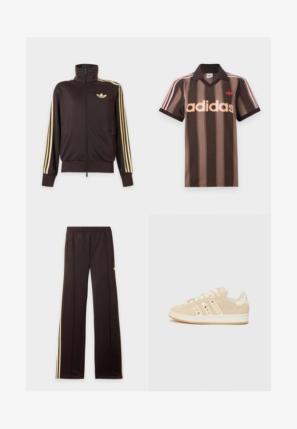 Čierna športová bunda na zips s vysokým golierom, svetložlté pruhy na rukávoch a logo Adidas trefoil na ľavej strane hrude.; Hnedé prúžkované polo tričko Adidas s výstrihom do V, bordovým golierom a červeným logom. Má bielo-červené pruhy na ramenách a krátke rukávy.; Čierne tepláky so žltými bočnými pruhmi, elastickým pásom, bočnými vreckami na zips a malým logom na hornej časti stehna.; adidas Originals CAMPUS 00S W - Tenisky - sand strata/cream white/gold-coloured