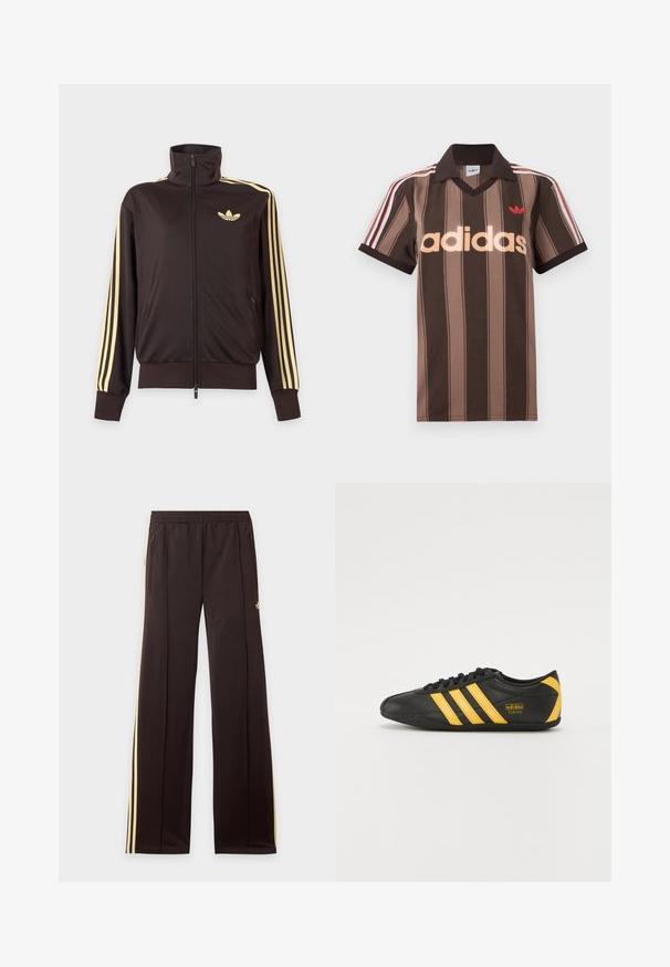 Sort lynlåstrøje med høj krave, lysegule striber ned ad ærmerne og Adidas trefoil-logo på venstre bryst.; Brunstribet Adidas polo-shirt med V-hals, bordeaux krave og rødt logo. Har hvide og røde skulderstriber samt korte ærmer.; Sorte træningsbukser med gule sidelister, elastisk taljebånd, lynlåslommer i siderne og en lille logo på den øvre lår.; Sort lædersportssko med gult tre-stribe design, rund tå, sorte snørebånd og lille logo på siden. Lavprofil silhuet.