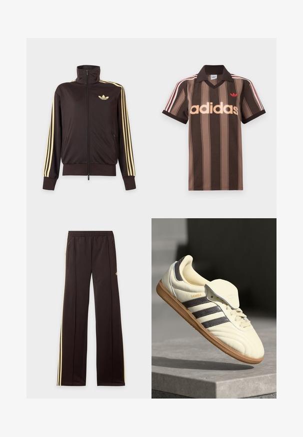 Chaqueta deportiva negra con cremallera y cuello alto, con rayas amarillas claras en las mangas y logo de Adidas trefoil en el pecho izquierdo.; Polo Adidas marrón con rayas, cuello en V, cuello burdeos y logo rojo. Presenta rayas blancas y rojas en los hombros, mangas cortas.; Pantalones de chándal negros con rayas amarillas laterales, cintura elástica, bolsillos laterales con cremallera y un pequeño logo en el muslo superior.; Zapatilla de cuero crema con tres rayas oscuras, suela de goma marrón y punta redondeada. Cuenta con una lengüeta plegable etiquetada como "SAMBA".