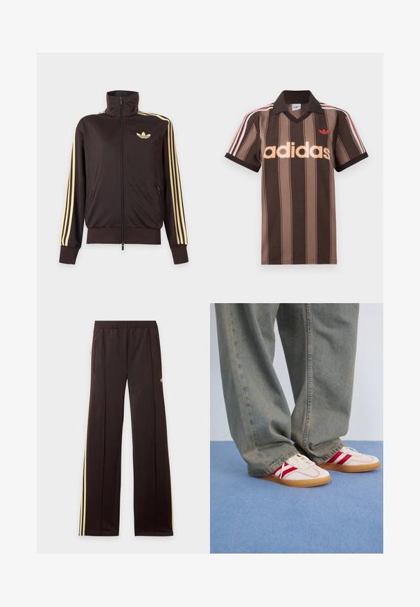 Schwarze Trainingsjacke mit Reißverschluss und hohem Kragen, hellgelben Streifen an den Ärmeln und Adidas Trefoil Logo auf der linken Brust.; Braunes gestreiftes Adidas-Poloshirt mit V-Ausschnitt, bordeauxrotem Kragen und rotem Logo. Mit weißen und roten Schulterstreifen, kurzen Ärmeln.; Schwarze Jogginghose mit gelben Seitenstreifen, elastischem Bund, seitlichen Reißverschlusstaschen und kleinem Logo am oberen Oberschenkel.; Weiße Sneaker mit roten Streifen, Obermaterial aus strukturiertem Canvas, runde Zehenpartie, flache Gummisohle, kombiniert mit lockeren, ausgebleichten blauen Jeanshosen.