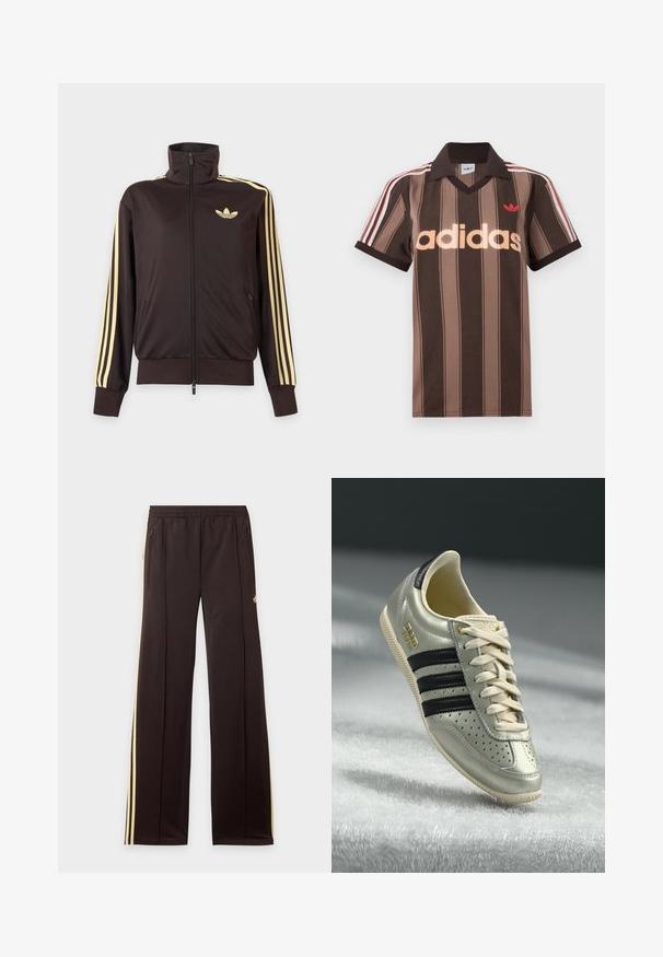 Mustast lukuga spordijakk kõrge kraega, helekollaste triipudega varruka all ja Adidas trefoil logo vasakul rinnal.; Pruunide triipudega Adidas polotee, V-kaelusega, bordeau krae ja punase logoga. Omad valge ja punase triibuga õlad ning lühikesed varrukad.; Mustad dressipüksid kollaste küljeribadega, elastse vöökohaga, küljetaskud lukuga ja väike logo reie ülaosas.; Helehallid nahast tossud mustade triipudega, perforatsioonide detailidega, beežide nööpidega ja kuldse logotäpiga. Tekstuuriga kummitald.