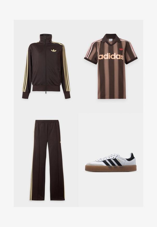 Sort lynlåstrøje med høj krave, lysegule striber ned ad ærmerne og Adidas trefoil-logo på venstre bryst.; Brunstribet Adidas polo-shirt med V-hals, bordeaux krave og rødt logo. Har hvide og røde skulderstriber samt korte ærmer.; Sorte træningsbukser med gule sidelister, elastisk taljebånd, lynlåslommer i siderne og en lille logo på den øvre lår.; Hvide lædersneakers med sorte striber, gummirubber sål, rund tå, snørelukning og blød grå ruskinds tåhætte.
