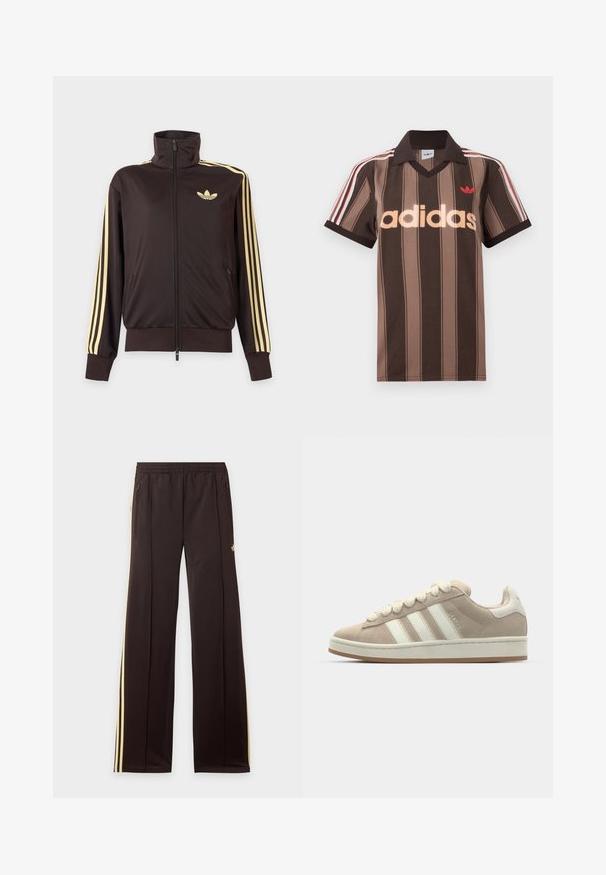 Chaqueta deportiva negra con cremallera y cuello alto, con rayas amarillas claras en las mangas y logo de Adidas trefoil en el pecho izquierdo.; Polo Adidas marrón con rayas, cuello en V, cuello burdeos y logo rojo. Presenta rayas blancas y rojas en los hombros, mangas cortas.; Pantalones de chándal negros con rayas amarillas laterales, cintura elástica, bolsillos laterales con cremallera y un pequeño logo en el muslo superior.; Zapatillas de ante marrón con rayas y cordones de cuero blanco, suela de goma, cuello acolchado y detalles texturizados en la parte superior.