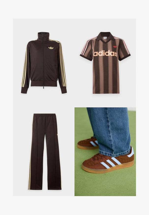 Čierna športová bunda na zips s vysokým golierom, svetložlté pruhy na rukávoch a logo Adidas trefoil na ľavej strane hrude.; Hnedé prúžkované polo tričko Adidas s výstrihom do V, bordovým golierom a červeným logom. Má bielo-červené pruhy na ramenách a krátke rukávy.; Čierne tepláky so žltými bočnými pruhmi, elastickým pásom, bočnými vreckami na zips a malým logom na hornej časti stehna.; Hnedé tenisky Adidas s bielymi prúžkami a hnedou gumovou podrážkou, obuté s modrými džínsami na zelenej koberci.