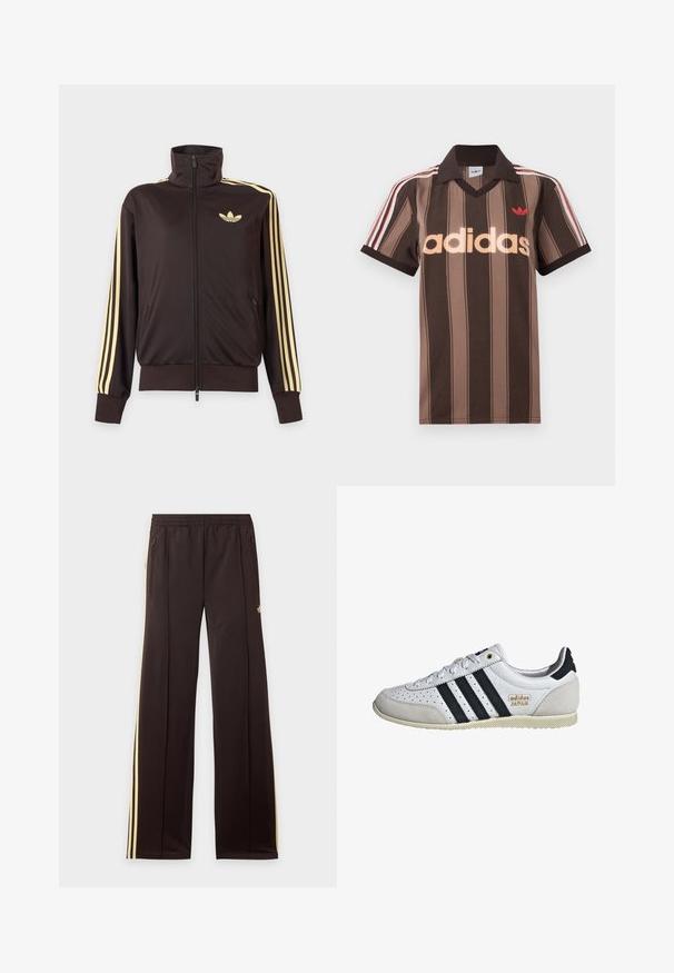 Schwarze Trainingsjacke mit Reißverschluss und hohem Kragen, hellgelben Streifen an den Ärmeln und Adidas Trefoil Logo auf der linken Brust.; Braunes gestreiftes Adidas-Poloshirt mit V-Ausschnitt, bordeauxrotem Kragen und rotem Logo. Mit weißen und roten Schulterstreifen, kurzen Ärmeln.; Schwarze Jogginghose mit gelben Seitenstreifen, elastischem Bund, seitlichen Reißverschlusstaschen und kleinem Logo am oberen Oberschenkel.; Weiße Sneaker mit schwarzen Streifen und goldener Markenkennzeichnung. Verfügt über Materialien aus Wildleder und Leder, ein durchlässiges Obermaterial und eine strukturierte Gummisohle.
