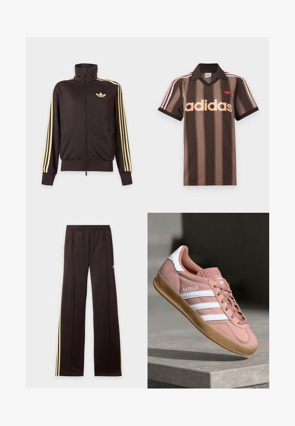 Sort lynlåstrøje med høj krave, lysegule striber ned ad ærmerne og Adidas trefoil-logo på venstre bryst.; Brunstribet Adidas polo-shirt med V-hals, bordeaux krave og rødt logo. Har hvide og røde skulderstriber samt korte ærmer.; Sorte træningsbukser med gule sidelister, elastisk taljebånd, lynlåslommer i siderne og en lille logo på den øvre lår.; Rosa ruskinds sneaker med hvide striber, gummisål, tekstureret overdel og logo på tungen. Klassisk low-top design.