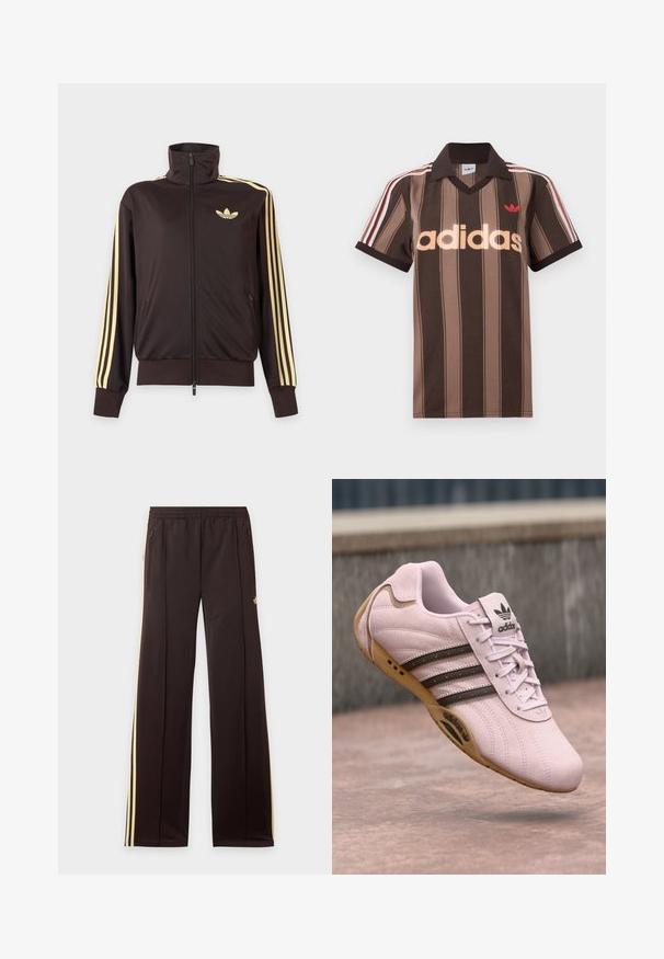 Veste de survêtement noire zippée avec col haut, bandes jaune clair le long des manches et logo adidas trefoil sur la poitrine gauche.; Polo Adidas rayé marron avec col en V, col bordeaux, et logo rouge. Comprend des rayures blanches et rouges sur les épaules, manches courtes.; Pantalon de survêtement noir avec des bandes latérales jaunes, taille élastique, poches latérales zippées et un petit logo sur la partie supérieure de la cuisse.; Baskets en daim rose avec semelle en caoutchouc, comportant trois rayures foncées, des lacets et le logo Adidas sur la languette. Design à bout rond.