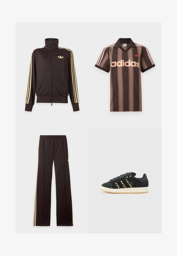 Čierna športová bunda na zips s vysokým golierom, svetložlté pruhy na rukávoch a logo Adidas trefoil na ľavej strane hrude.; Hnedé prúžkované polo tričko Adidas s výstrihom do V, bordovým golierom a červeným logom. Má bielo-červené pruhy na ramenách a krátke rukávy.; Čierne tepláky so žltými bočnými pruhmi, elastickým pásom, bočnými vreckami na zips a malým logom na hornej časti stehna.; adidas Originals CAMPUS 00S W - Tenisky - core black/carbon/gold-coloured