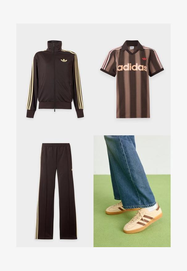 Mustast lukuga spordijakk kõrge kraega, helekollaste triipudega varruka all ja Adidas trefoil logo vasakul rinnal.; Pruunide triipudega Adidas polotee, V-kaelusega, bordeau krae ja punase logoga. Omad valge ja punase triibuga õlad ning lühikesed varrukad.; Mustad dressipüksid kollaste küljeribadega, elastse vöökohaga, küljetaskud lukuga ja väike logo reie ülaosas.; Beežid spordijalatsid tekstuursete kreemjatest paneelidest ja pruunidest triipudest, koos siniste denim pükstega. Püksid on avara säärega ja narmendava äärega.
