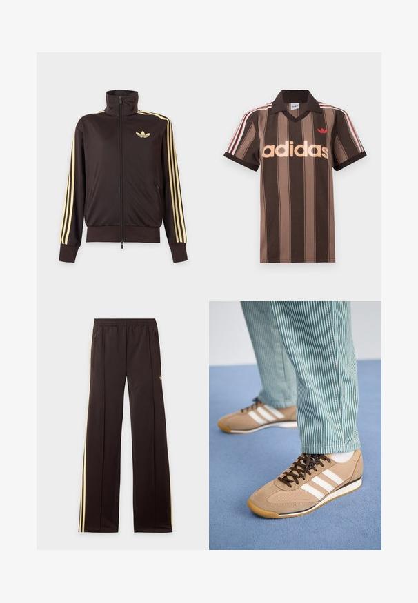 Čierna športová bunda na zips s vysokým golierom, svetložlté pruhy na rukávoch a logo Adidas trefoil na ľavej strane hrude.; Hnedé prúžkované polo tričko Adidas s výstrihom do V, bordovým golierom a červeným logom. Má bielo-červené pruhy na ramenách a krátke rukávy.; Čierne tepláky so žltými bočnými pruhmi, elastickým pásom, bočnými vreckami na zips a malým logom na hornej časti stehna.; Svetlé semišové a sieťovinové tenisky s hnedými šnúrkami a tromi bielymi pruhmi. V kombinácii so zelenými a bielymi pruhovanými nohavicami, položené na modrom povrchu.