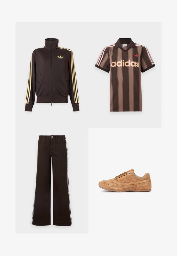Chaqueta deportiva negra con cremallera y cuello alto, con rayas amarillas claras en las mangas y logo de Adidas trefoil en el pecho izquierdo.; Polo Adidas marrón con rayas, cuello en V, cuello burdeos y logo rojo. Presenta rayas blancas y rojas en los hombros, mangas cortas.; Jeans marrones de pierna ancha hechos de mezclilla, con rayas blancas laterales, diseño clásico de cinco bolsillos y cierre con botón de metal.; Zapatilla de ante en tono beige con un diseño de perfil bajo, punta redonda, cordones marrones, detalles perforados y una suela de goma flexible.