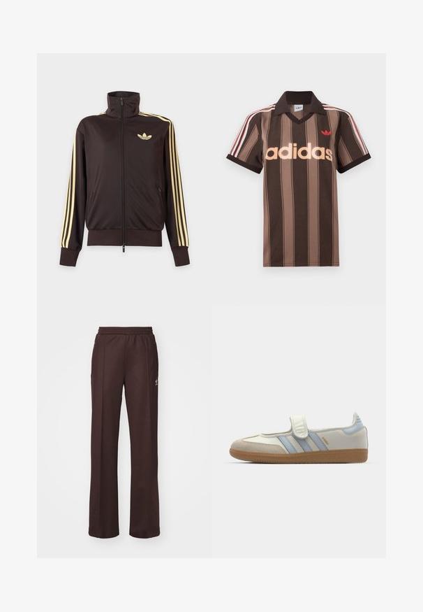 Chaqueta deportiva negra con cremallera y cuello alto, con rayas amarillas claras en las mangas y logo de Adidas trefoil en el pecho izquierdo.; Polo Adidas marrón con rayas, cuello en V, cuello burdeos y logo rojo. Presenta rayas blancas y rojas en los hombros, mangas cortas.; Pantalones deportivos marrones con una cinturilla elástica, dos bolsillos laterales y un pequeño logo en el lado izquierdo, hechos de una tela suave.; adidas Originals SAMBA JANE BALLERINA - Bailarinas con hebilla - cloud white/halo blue