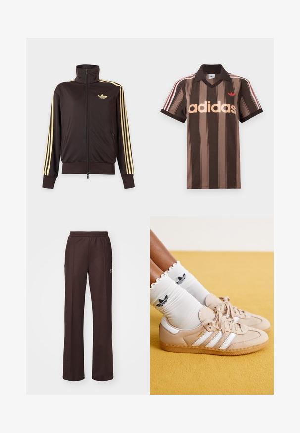 Čierna športová bunda na zips s vysokým golierom, svetložlté pruhy na rukávoch a logo Adidas trefoil na ľavej strane hrude.; Hnedé prúžkované polo tričko Adidas s výstrihom do V, bordovým golierom a červeným logom. Má bielo-červené pruhy na ramenách a krátke rukávy.; Hnedé športové nohavice s elastickým pásom, dvoma bočnými vreckami a malým logom na ľavej strane, vyrobené z mäkkej látky.; Béžové kožené tenisky s bielymi pruhmi a zlatým logom, doplnené bielymi volánkovými ponožkami s čiernym logom. Textúrovaná gumená podrážka.