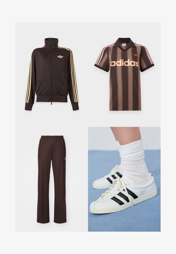 Čierna športová bunda na zips s vysokým golierom, svetložlté pruhy na rukávoch a logo Adidas trefoil na ľavej strane hrude.; Hnedé prúžkované polo tričko Adidas s výstrihom do V, bordovým golierom a červeným logom. Má bielo-červené pruhy na ramenách a krátke rukávy.; Hnedé športové nohavice s elastickým pásom, dvoma bočnými vreckami a malým logom na ľavej strane, vyrobené z mäkkej látky.; Biele kožené tenisky s čiernymi pruhmi, krémovou podrážkou a svetlými šnúrkami. Nosené s bielymi rebrovanými ponožkami, umiestnené na modrom pozadí.