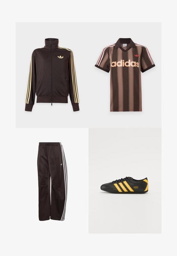 Sort lynlåstrøje med høj krave, lysegule striber ned ad ærmerne og Adidas trefoil-logo på venstre bryst.; Brunstribet Adidas polo-shirt med V-hals, bordeaux krave og rødt logo. Har hvide og røde skulderstriber samt korte ærmer.; Sorte Adidas træningsbukser med hvide tre striber ned langs siderne, elastisk linning, sidelomme med lynlås og Adidas-logo på venstre ben.; Sort lædersportssko med gult tre-stribe design, rund tå, sorte snørebånd og lille logo på siden. Lavprofil silhuet.