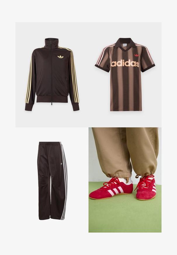 Čierna športová bunda na zips s vysokým golierom, svetložlté pruhy na rukávoch a logo Adidas trefoil na ľavej strane hrude.; Hnedé prúžkované polo tričko Adidas s výstrihom do V, bordovým golierom a červeným logom. Má bielo-červené pruhy na ramenách a krátke rukávy.; Čierne teplákové nohavice Adidas s bielymi tromi pruhmi po stranách, elastickým pásom, bočným vreckom na zips a logom Adidas na ľavej nohe.; Červené semišové športové topánky s bielymi pruhmi, plochou gumovou podrážkou a červenými šnúrkami. Nosia sa s béžovými nohavicami, umiestnené na zelenej ploche.