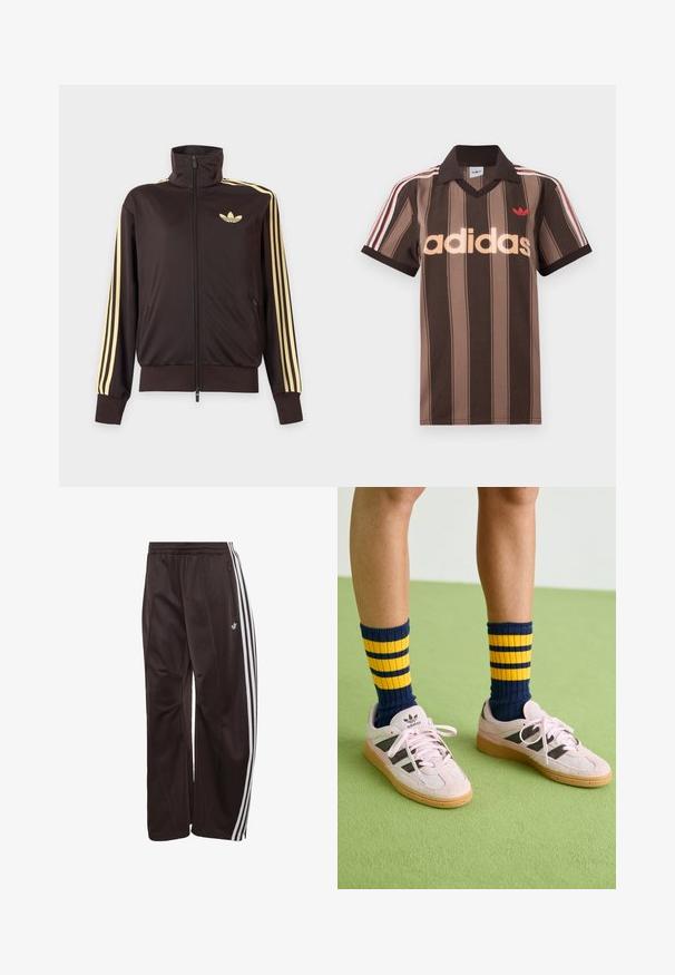 Čierna športová bunda na zips s vysokým golierom, svetložlté pruhy na rukávoch a logo Adidas trefoil na ľavej strane hrude.; Hnedé prúžkované polo tričko Adidas s výstrihom do V, bordovým golierom a červeným logom. Má bielo-červené pruhy na ramenách a krátke rukávy.; Čierne teplákové nohavice Adidas s bielymi tromi pruhmi po stranách, elastickým pásom, bočným vreckom na zips a logom Adidas na ľavej nohe.; Svetloružové semišové tenisky s čiernymi pruhmi a gumovými podrážkami, skombinované s námořníckymi a žltými pruhovanými rebrovanými ponožkami. Zelená textúrovaná podlaha.
