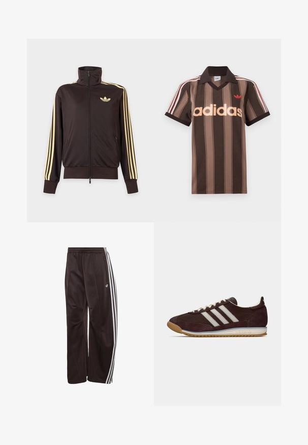 Sort lynlåstrøje med høj krave, lysegule striber ned ad ærmerne og Adidas trefoil-logo på venstre bryst.; Brunstribet Adidas polo-shirt med V-hals, bordeaux krave og rødt logo. Har hvide og røde skulderstriber samt korte ærmer.; Sorte Adidas træningsbukser med hvide tre striber ned langs siderne, elastisk linning, sidelomme med lynlås og Adidas-logo på venstre ben.; Lavprofil mørk burgunder Adidas sneakers med hvide striber, cremefarvede snørebånd og gummitalje, set fra siden på neutral baggrund.