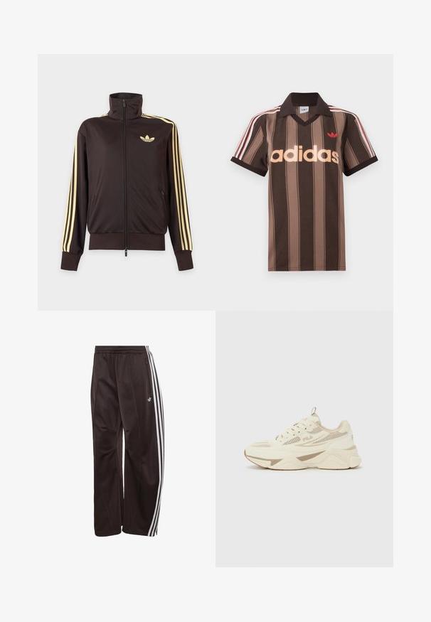 Chaqueta deportiva negra con cremallera y cuello alto, con rayas amarillas claras en las mangas y logo de Adidas trefoil en el pecho izquierdo.; Polo Adidas marrón con rayas, cuello en V, cuello burdeos y logo rojo. Presenta rayas blancas y rojas en los hombros, mangas cortas.; Pantalones de chándal Adidas negros con tres rayas blancas a los lados, cintura elástica, bolsillo lateral con cremallera y logotipo de Adidas en la pierna izquierda.; Zapatilla FILA en crema y beige con paneles de malla, suela gruesa y diseño de cordones, mostrada de lado sobre un fondo liso.