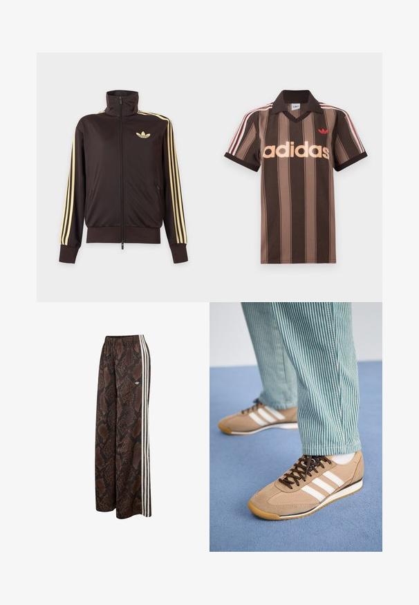 Čierna športová bunda na zips s vysokým golierom, svetložlté pruhy na rukávoch a logo Adidas trefoil na ľavej strane hrude.; Hnedé prúžkované polo tričko Adidas s výstrihom do V, bordovým golierom a červeným logom. Má bielo-červené pruhy na ramenách a krátke rukávy.; Široké nohavice s hnedo-čiernym vzorom hadovej kože, bielymi bočnými pruhmi a elastickým pásom, s malým logom Adidas.; Svetlé semišové a sieťovinové tenisky s hnedými šnúrkami a tromi bielymi pruhmi. V kombinácii so zelenými a bielymi pruhovanými nohavicami, položené na modrom povrchu.