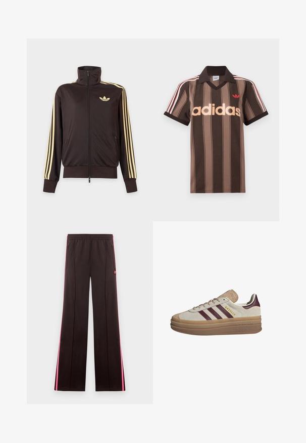 Mustast lukuga spordijakk kõrge kraega, helekollaste triipudega varruka all ja Adidas trefoil logo vasakul rinnal.; Pruunide triipudega Adidas polotee, V-kaelusega, bordeau krae ja punase logoga. Omad valge ja punase triibuga õlad ning lühikesed varrukad.; Mustad spordipüksid roosade küljeribadega, elastse vöökohaga, lukuga taskud ja Adidas logo vasakul reiel.; Beežidest suedesneakerid tumepunaste triipudega, valgete detailidega, paksu läbipaistva tallaga ja külgedel tõstetud brändinguga. Kinnitatav disain.