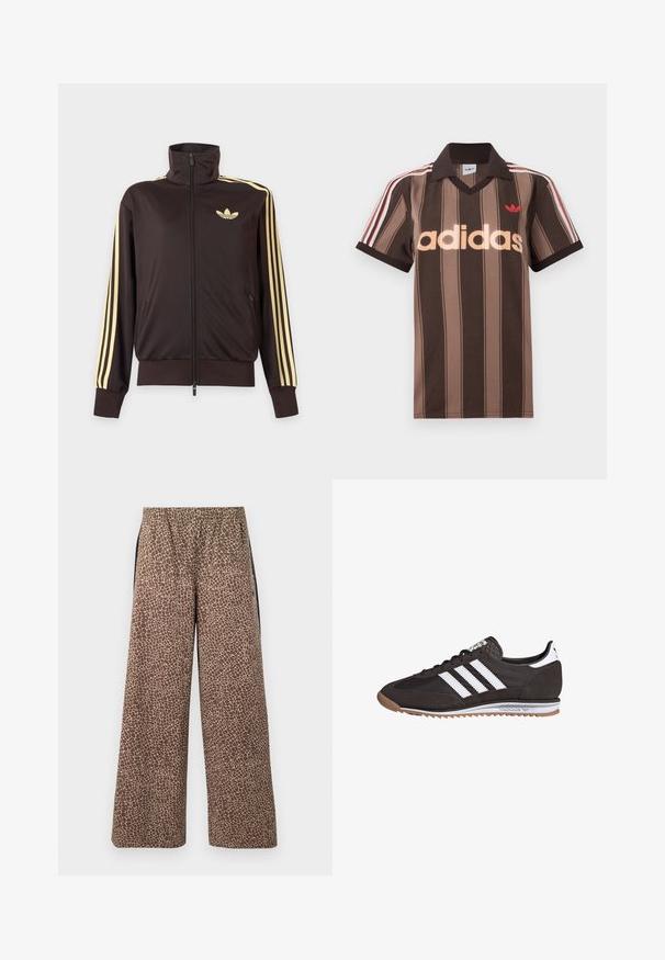 Mustast lukuga spordijakk kõrge kraega, helekollaste triipudega varruka all ja Adidas trefoil logo vasakul rinnal.; Pruunide triipudega Adidas polotee, V-kaelusega, bordeau krae ja punase logoga. Omad valge ja punase triibuga õlad ning lühikesed varrukad.; Pruunid laia säärega püksid beeži loomamustriga, elastse vöökoha ja kontrastsete mustade küljeribadega. Pehme kangatekstuur.; Must must sünteetilised tennisetossud, millel on kolm valget triipu, kummine tald, tekstuuriga konts ja hallid aktsendid. Omab seotava disaini ja madalat profiili.