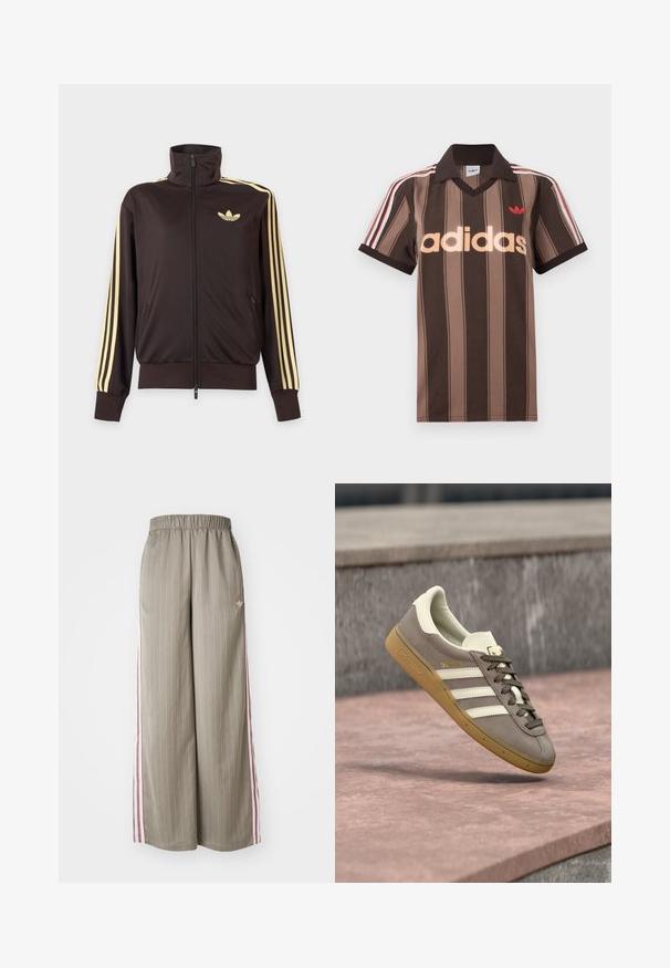 Mustast lukuga spordijakk kõrge kraega, helekollaste triipudega varruka all ja Adidas trefoil logo vasakul rinnal.; Pruunide triipudega Adidas polotee, V-kaelusega, bordeau krae ja punase logoga. Omad valge ja punase triibuga õlad ning lühikesed varrukad.; Heledad oliivrohelised laiad püksid vertikaalsete triipudega, elastse vöökohaga ja roosa külgtriibuga. Funktsiooniks on väike logo puusal.; Helepruunad seemisnahast Adidas tossud valgete triipude ja kummist taldadega, riputatud roosade kivist trepiastmete kohale õues.