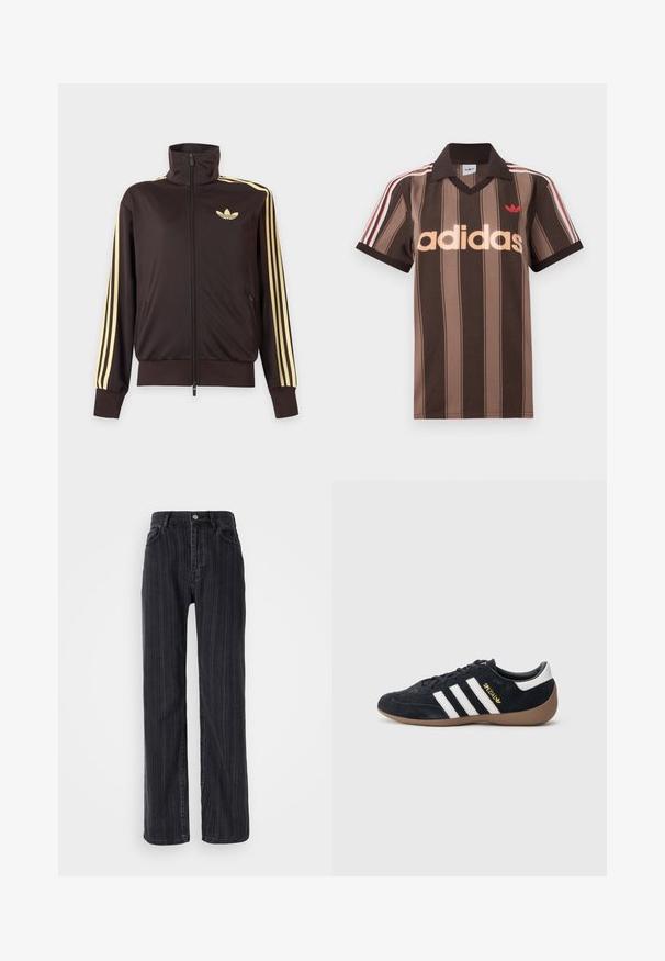 Zwarte joggingjas met rits en hoge kraag, lichtgele strepen op de mouwen en Adidas trefoil-logo op de linkerborst.; Bruine gestreepte Adidas polo met V-hals, bordeauxrode kraag en rood logo. Heeft witte en rode schouderstrepen, korte mouwen.; Hoge taille zwarte denim jeans met een verticale streepjespatroon, rechte pasvorm en een metalen knoopsluiting aan de voorkant.; Zwarte suède sneaker met drie witte strepen, een rubberen gumzool en een klein gouden logo aan de zijkant. Heeft een gladde zwarte binnenvoering.
