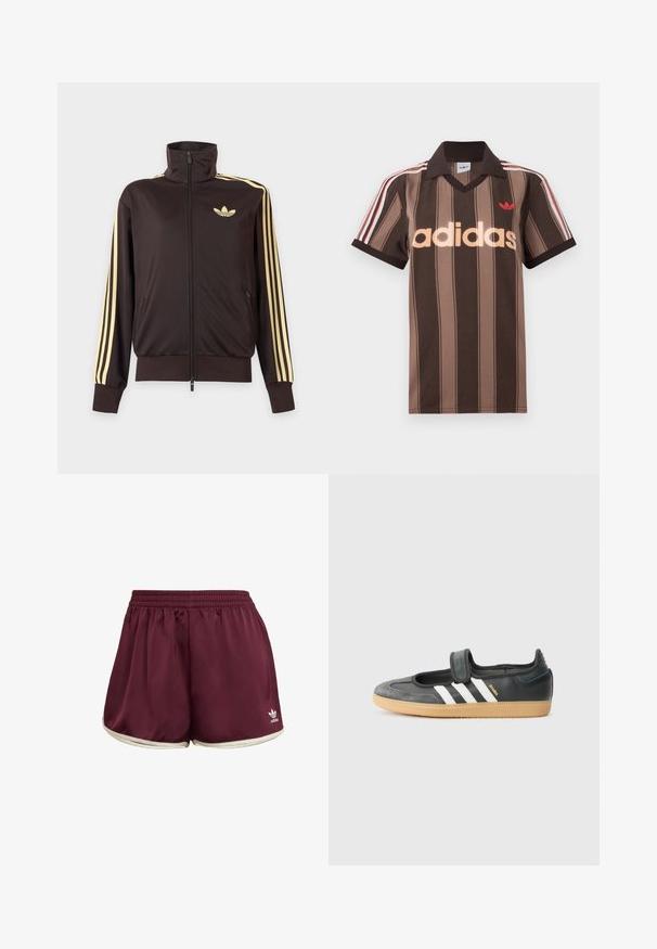 Musta vetoketjullinen urheilutakki korkealla kauluksella, vaaleankeltaiset raidat hihoissa ja Adidas trefoil -logo vasemmassa rinnassa.; Ruskearaidallinen Adidas-pikeepaita, jossa on V-aukko, viininpunainen kaulus ja punainen logo. Paidassa on valkoiset ja punaiset olkapääraidat sekä lyhyet hihat.; adidas Originals SPRINTER - Shortsit - maroon cream white; Mustat nahka- ja mokkanahkalenkkarit, joissa on tarranauha, kolme valkoista raitaa ja kumipohja. Sivussa lukee "SAMBA".
