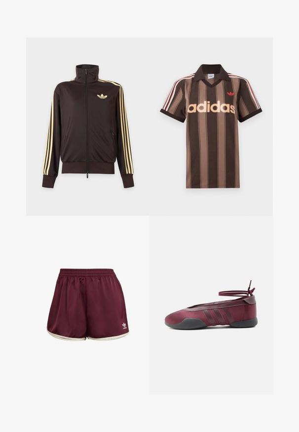 Zwarte joggingjas met rits en hoge kraag, lichtgele strepen op de mouwen en Adidas trefoil-logo op de linkerborst.; Bruine gestreepte Adidas polo met V-hals, bordeauxrode kraag en rood logo. Heeft witte en rode schouderstrepen, korte mouwen.; adidas Originals SPRINTER - Shorts - maroon cream white; Bordeauxrode ballerina met zwarte zool, elastische enkelbandjes die in een strik zijn gebonden, en gestikte details aan de zijkanten, gezien vanaf de buitenkant.