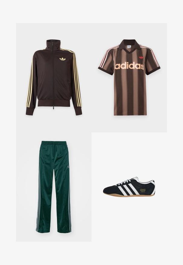 Zwarte joggingjas met rits en hoge kraag, lichtgele strepen op de mouwen en Adidas trefoil-logo op de linkerborst.; Bruine gestreepte Adidas polo met V-hals, bordeauxrode kraag en rood logo. Heeft witte en rode schouderstrepen, korte mouwen.; Donkergroene sportbroeken van glanzend materiaal, met zijstrepens in lichtgrijs en een geborduurd logo op het linkerbeen.; Zwarte suède sneaker met witte drie strepen, gouden logo en een bruine rubberen zool. Heeft een laag profiel vetersluiting ontwerp.