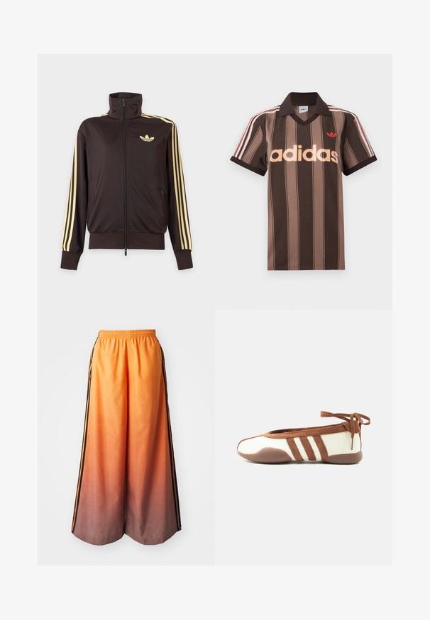 Schwarze Trainingsjacke mit Reißverschluss und hohem Kragen, hellgelben Streifen an den Ärmeln und Adidas Trefoil Logo auf der linken Brust.; Braunes gestreiftes Adidas-Poloshirt mit V-Ausschnitt, bordeauxrotem Kragen und rotem Logo. Mit weißen und roten Schulterstreifen, kurzen Ärmeln.; Orangene Gradient-Hosen mit weitem Bein und einem schwarzen Seitestreifen, ausgestattet mit einem elastischen Taillenbund und leichtem Material.; Schlanker beiger und brauner Ballerinaschuh mit rundem Zehenbereich, drei seitlichen Streifen, weicher Sohle und Knöchelbandverschluss vor weißem Hintergrund.