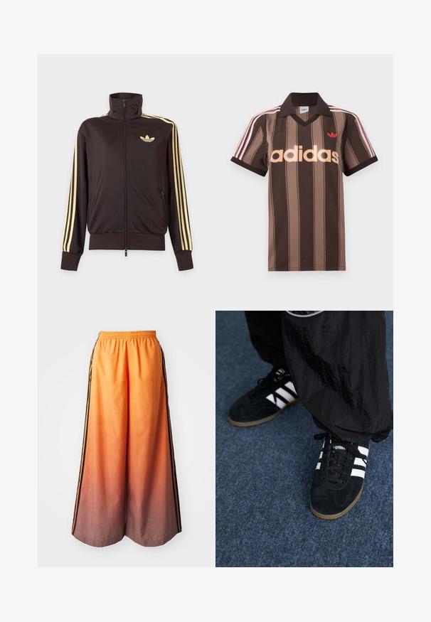 Veste de survêtement noire zippée avec col haut, bandes jaune clair le long des manches et logo adidas trefoil sur la poitrine gauche.; Polo Adidas rayé marron avec col en V, col bordeaux, et logo rouge. Comprend des rayures blanches et rouges sur les épaules, manches courtes.; Pantalons larges dégradés orange avec une bande latérale noire, dotés d'une taille élastique et d'un matériau léger.; Des chaussures de sport en suède noir avec trois rayures blanches et des lacets noirs. Un pantalon noir texturé est partiellement visible à côté des chaussures.
