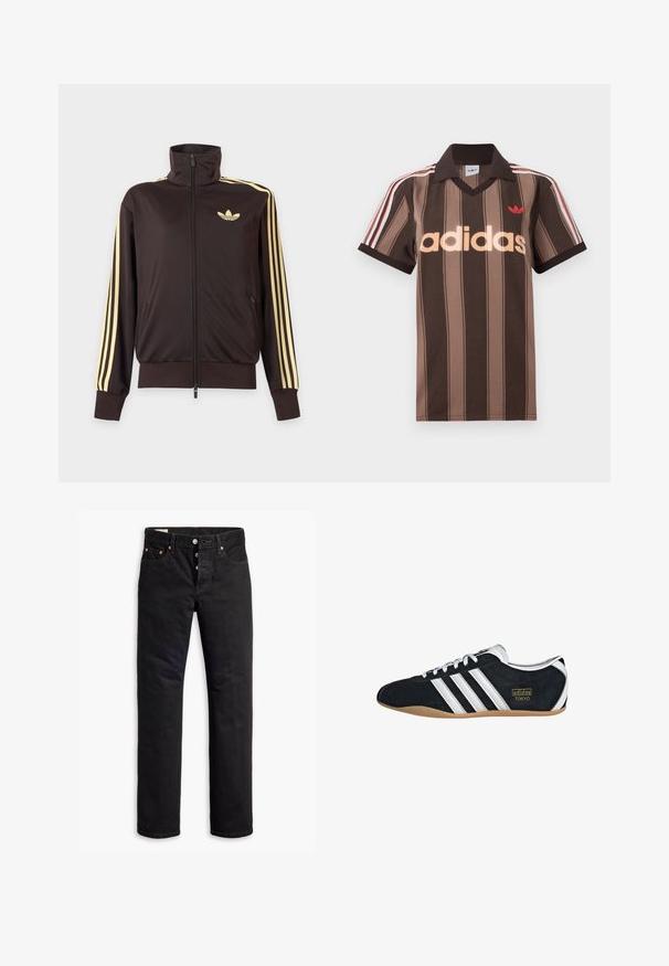 Sort lynlåstrøje med høj krave, lysegule striber ned ad ærmerne og Adidas trefoil-logo på venstre bryst.; Brunstribet Adidas polo-shirt med V-hals, bordeaux krave og rødt logo. Har hvide og røde skulderstriber samt korte ærmer.; Sorte denimjeans med lige pasform, fem lomme-design og knaplukning. Har kobbernitter og syningsdetaljer.; Sort ruskinds sneaker med hvide tre striber, guldlogo og en brun gummisål. Har et lavprofil snørebåndsdesign.