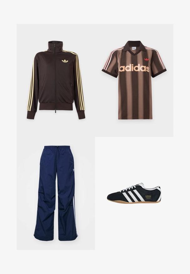 Sort lynlåstrøje med høj krave, lysegule striber ned ad ærmerne og Adidas trefoil-logo på venstre bryst.; Brunstribet Adidas polo-shirt med V-hals, bordeaux krave og rødt logo. Har hvide og røde skulderstriber samt korte ærmer.; Marineblå, letvægtsbukser med elastik i taljen og snøre, med hvide sidelister og et lille logo foran. Løs pasform.; Sort ruskinds sneaker med hvide tre striber, guldlogo og en brun gummisål. Har et lavprofil snørebåndsdesign.