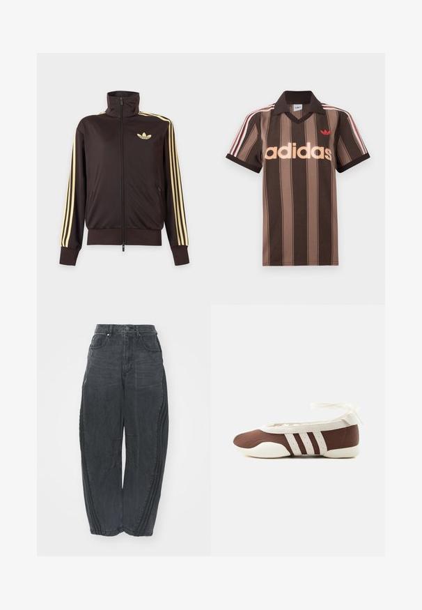 Čierna športová bunda na zips s vysokým golierom, svetložlté pruhy na rukávoch a logo Adidas trefoil na ľavej strane hrude.; Hnedé prúžkované polo tričko Adidas s výstrihom do V, bordovým golierom a červeným logom. Má bielo-červené pruhy na ramenách a krátke rukávy.; Voľné čierne denimové džínsy so zosušeným povrchom, piatimi vreckami, zapínaním na gombík v páse a prešívaním na prednej strane a po stranách.; Hnedá a biela baletná balerína s tromi bielymi pruhmi a mašľou na zviazanie okolo členku na jednoduchom svetlom pozadí.