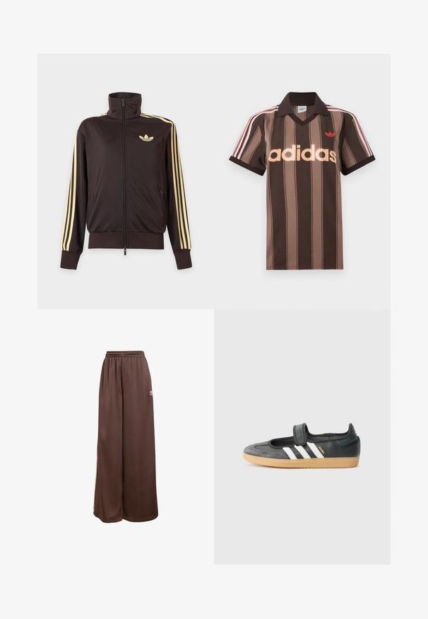 Čierna športová bunda na zips s vysokým golierom, svetložlté pruhy na rukávoch a logo Adidas trefoil na ľavej strane hrude.; Hnedé prúžkované polo tričko Adidas s výstrihom do V, bordovým golierom a červeným logom. Má bielo-červené pruhy na ramenách a krátke rukávy.; adidas Originals Tepláky - auburn cream white; Čierne kožené a zamšové tenisky s Velcro pásikom, s tromi bielymi pruhmi a gumenou podrážkou, označené nápisom "SAMBA" na boku.