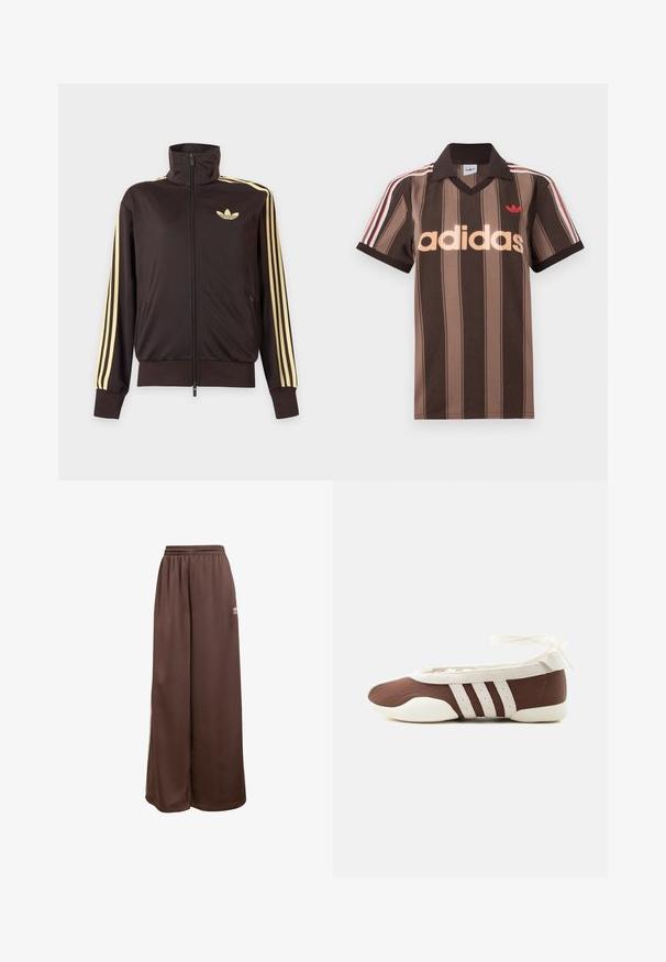 Mustast lukuga spordijakk kõrge kraega, helekollaste triipudega varruka all ja Adidas trefoil logo vasakul rinnal.; Pruunide triipudega Adidas polotee, V-kaelusega, bordeau krae ja punase logoga. Omad valge ja punase triibuga õlad ning lühikesed varrukad.; adidas Originals Dresside alumine osa - auburn cream white; Pruun ja valge baleriinjalanõu, millel on kolm valget triipu ja pahkluu paelaga lips, helel taustal.