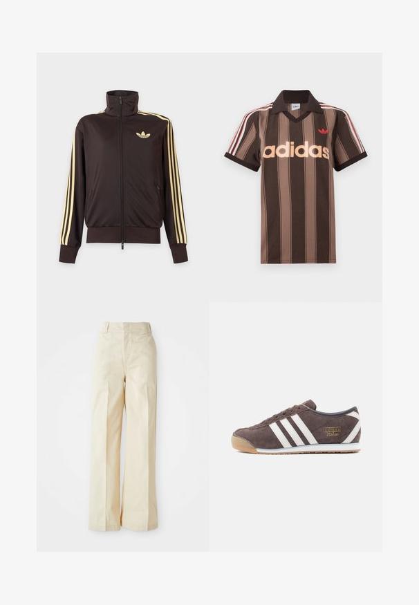 Čierna športová bunda na zips s vysokým golierom, svetložlté pruhy na rukávoch a logo Adidas trefoil na ľavej strane hrude.; Hnedé prúžkované polo tričko Adidas s výstrihom do V, bordovým golierom a červeným logom. Má bielo-červené pruhy na ramenách a krátke rukávy.; Béžové nohavice s širokými nohavicami a vysokým pásom, vyrobené z hladkej látky a s pekne prešitou prednou záhybom, na jednoduchom bielom pozadí.; Hnedá semišová teniska s tromi bielymi pruhmi, textúrovanou podrážkou a zlatým logom. Má nízky profil a zaoblenú špičku.