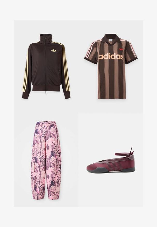 Čierna športová bunda na zips s vysokým golierom, svetložlté pruhy na rukávoch a logo Adidas trefoil na ľavej strane hrude.; Hnedé prúžkované polo tričko Adidas s výstrihom do V, bordovým golierom a červeným logom. Má bielo-červené pruhy na ramenách a krátke rukávy.; Ružové a fialové široké nohavice s vzorom obsahujúce dizajn listov a vetvičiek, s vysokým pásom a bočnými vreckami pre väčšiu funkčnosť.; Burgundské balerínky s čiernou podrážkou, elastickými remienkami na členku zviazanými do mašle a prešívanými detailmi na bokoch, zobrazené z vonkajšej strany.
