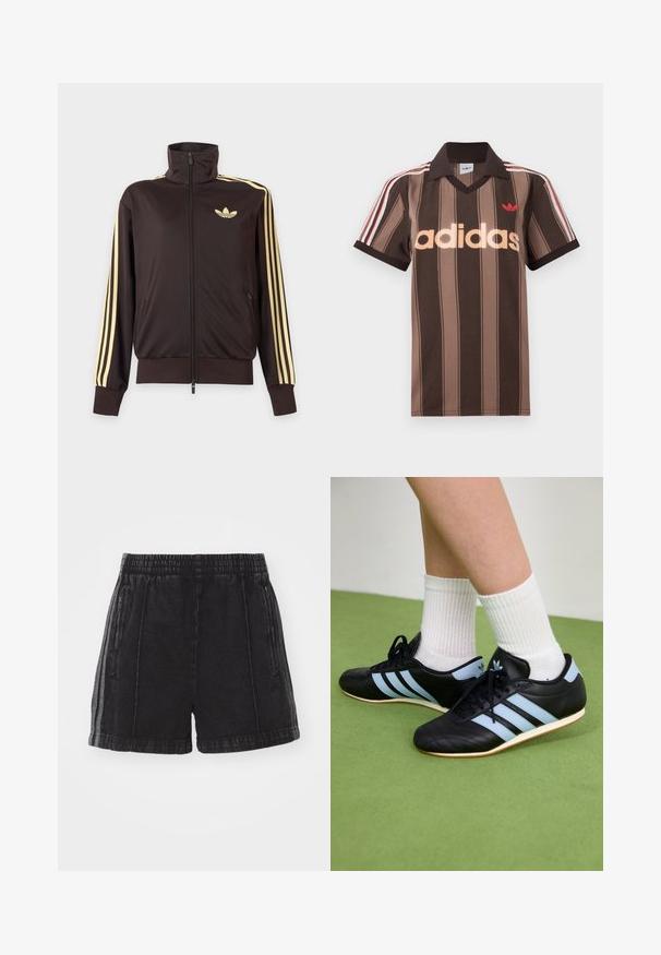 Mustast lukuga spordijakk kõrge kraega, helekollaste triipudega varruka all ja Adidas trefoil logo vasakul rinnal.; Pruunide triipudega Adidas polotee, V-kaelusega, bordeau krae ja punase logoga. Omad valge ja punase triibuga õlad ning lühikesed varrukad.; Mustad teksashortsid elastse vöökoha, külgmised lukukotid ja kontrastsed külgtriibud. Kulunud tekstuur ja põlve ülemine pikkus.; Mustad mustad jalanõud mustast nahast, millel on helebeežid triibud, tekstureeritud pealsed ja kummitald, koos valgete ribadega sokkidega rohelisel põrandal.