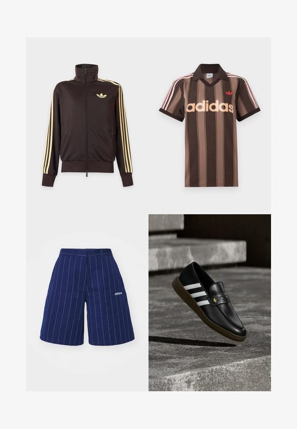 Mustast lukuga spordijakk kõrge kraega, helekollaste triipudega varruka all ja Adidas trefoil logo vasakul rinnal.; Pruunide triipudega Adidas polotee, V-kaelusega, bordeau krae ja punase logoga. Omad valge ja punase triibuga õlad ning lühikesed varrukad.; Tumesinised lühikesed püksid valgete vertikaalsete triipudega, valmistatud puuvillast, vöökohas vööaasadega ja vasakul äärel brodeeritud logoga.; Mustast nahast jalanõu valgete triipude ja pruunide tallaga, asetatud betoonastmete kohale, heites varju maapinnale.