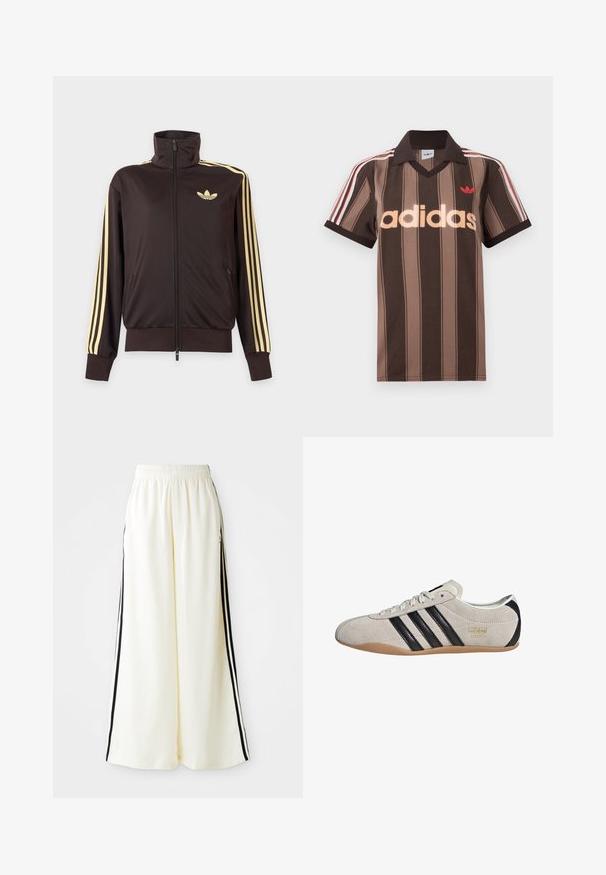 Čierna športová bunda na zips s vysokým golierom, svetložlté pruhy na rukávoch a logo Adidas trefoil na ľavej strane hrude.; Hnedé prúžkované polo tričko Adidas s výstrihom do V, bordovým golierom a červeným logom. Má bielo-červené pruhy na ramenách a krátke rukávy.; Biele široké nohavice s elastickým pásom a čiernymi vertikálnymi pruhmi pozdĺž vonkajších švov.; Semišové tenisky so šedým zvrškom, čiernymi pruhmi a gumovou podrážkou. Majú šnurovanie a zlatý logový detail na boku.