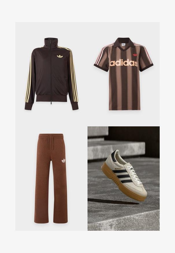 Čierna športová bunda na zips s vysokým golierom, svetložlté pruhy na rukávoch a logo Adidas trefoil na ľavej strane hrude.; Hnedé prúžkované polo tričko Adidas s výstrihom do V, bordovým golierom a červeným logom. Má bielo-červené pruhy na ramenách a krátke rukávy.; Hnedé teplákové nohavice z mäkkého materiálu s uvoľneným strihom, s elastickým pásom, šnúrkou na stiahnutie a bielym logom na ľavom stehne.; Béžová semišová teniska s čiernymi pruhmi, bielymi šnúrkami a podrážkou z gumy. Na boku je značka "SPEZIAL".