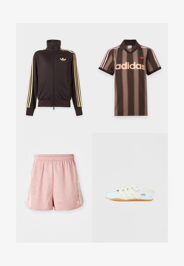 Mustast lukuga spordijakk kõrge kraega, helekollaste triipudega varruka all ja Adidas trefoil logo vasakul rinnal.; Pruunide triipudega Adidas polotee, V-kaelusega, bordeau krae ja punase logoga. Omad valge ja punase triibuga õlad ning lühikesed varrukad.; Roosa sportlikud lühikesed püksid elastse vöökoha, külgedel valgete triipudega ja väikese logoga vasakul all ees. Sile kangastekstuur.; Hele sinine Adidas Tokyo toss hallikate kolme triibu, hallikate rihmade ja pruunika tallaga, ühtlasel valgel taustal.