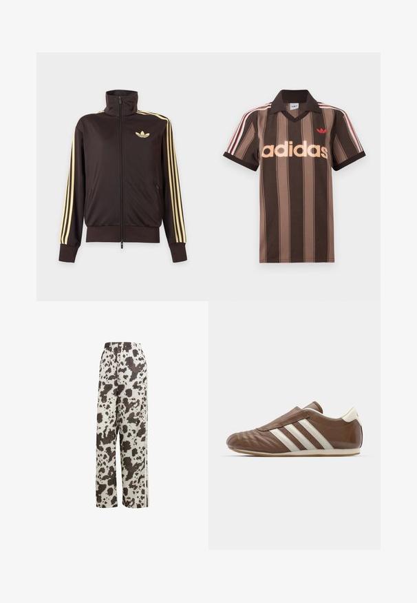 Chaqueta deportiva negra con cremallera y cuello alto, con rayas amarillas claras en las mangas y logo de Adidas trefoil en el pecho izquierdo.; Polo Adidas marrón con rayas, cuello en V, cuello burdeos y logo rojo. Presenta rayas blancas y rojas en los hombros, mangas cortas.; adidas Originals COW PRINT SATIN WIDE LEG - Pantalones deportivos - multicolor off white; adidas Originals TAEKWONDO W - Zapatillas - preloved brown/off white