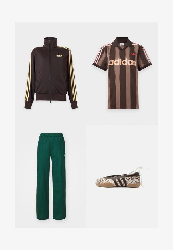 Čierna športová bunda na zips s vysokým golierom, svetložlté pruhy na rukávoch a logo Adidas trefoil na ľavej strane hrude.; Hnedé prúžkované polo tričko Adidas s výstrihom do V, bordovým golierom a červeným logom. Má bielo-červené pruhy na ramenách a krátke rukávy.; Tmavohnedé športové nohavice s voľným strihom, s nastaviteľným pásom na šnúrku, postrannými vreckami a smotanovými pruhmi po stranách.; Ploché baletné topánky s hnedo-bielym škvrnitým vzorom, tromi tmavými pruhmi na boku, svetlohnedou podrážkou a bielymi šnúrkami na viazanie okolo členku.