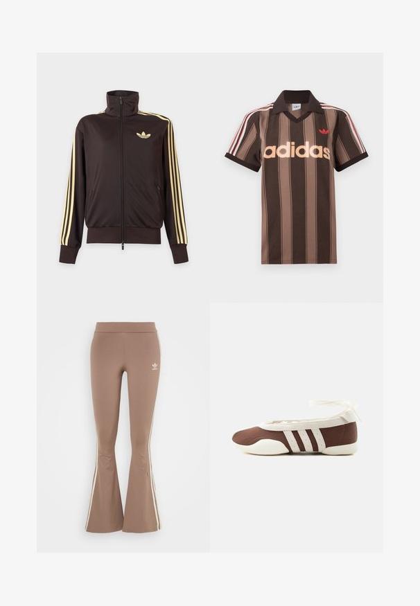 Čierna športová bunda na zips s vysokým golierom, svetložlté pruhy na rukávoch a logo Adidas trefoil na ľavej strane hrude.; Hnedé prúžkované polo tričko Adidas s výstrihom do V, bordovým golierom a červeným logom. Má bielo-červené pruhy na ramenách a krátke rukávy.; Hnedé balónové legíny vyrobené z elastického materiálu, s bielymi bočnými pruhmi a malým bielym logom na ľavom stehne. Hladká textúra.; Hnedá a biela baletná balerína s tromi bielymi pruhmi a mašľou na zviazanie okolo členku na jednoduchom svetlom pozadí.