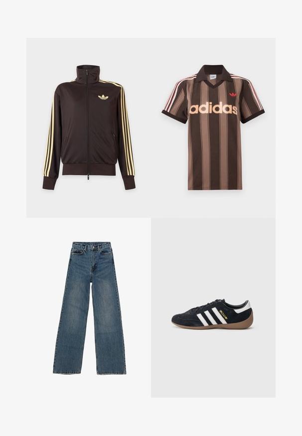 Zwarte joggingjas met rits en hoge kraag, lichtgele strepen op de mouwen en Adidas trefoil-logo op de linkerborst.; Bruine gestreepte Adidas polo met V-hals, bordeauxrode kraag en rood logo. Heeft witte en rode schouderstrepen, korte mouwen.; Blauwe denim wijd uitgesneden jeans met een hoge taille, vijf zakken en contrasterende stiksels. Vervagingen en lichte slijtage zichtbaar op de stof.; Zwarte suède sneaker met drie witte strepen, een rubberen gumzool en een klein gouden logo aan de zijkant. Heeft een gladde zwarte binnenvoering.