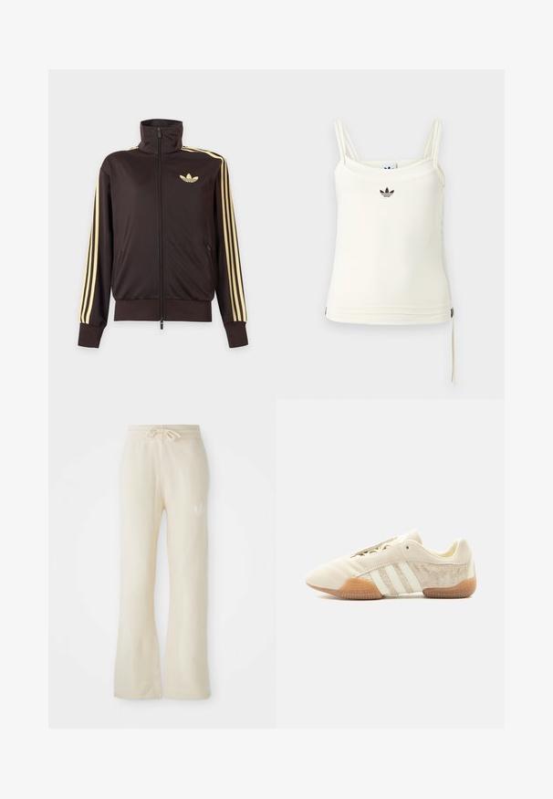 Chaqueta deportiva negra con cremallera y cuello alto, con rayas amarillas claras en las mangas y logo de Adidas trefoil en el pecho izquierdo.; Camiseta sin mangas color crema con tirantes finos; logotipo de Adidas en negro en el pecho. Tela suave con detalle de cordón en el dobladillo. Diseño sencillo.; Pantalones de chándal color crema con una textura suave, que cuentan con una cinturilla con cordón y piernas acampanadas. Detalle del logo sutil en la cadera izquierda.; Zapatilla beige de perfil bajo con tres franjas blancas, paneles laterales de ante texturizado, suela de goma y cierre con cordones sobre un fondo liso.